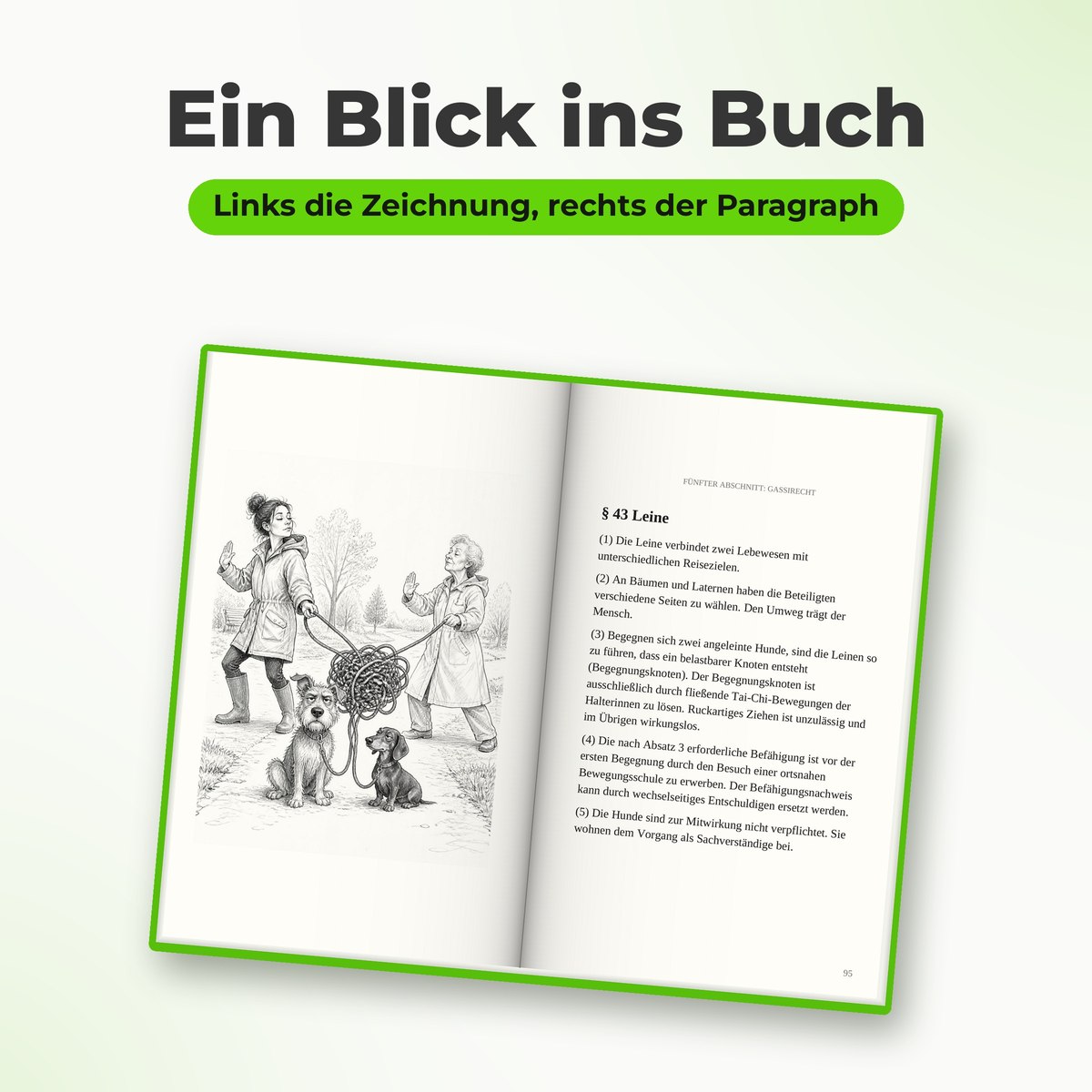 Ein Blick ins Hundehaltergesetzbuch: links die Zeichnung, rechts der Paragraph